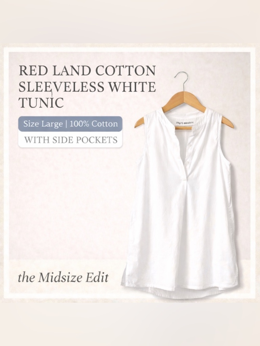 White Cotton Tunic Sleeveless Red Land Cotton Size L Pockets Capsule Wardrobe